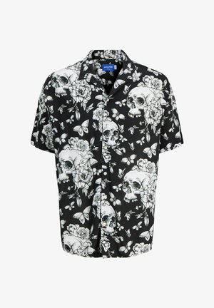 Lühikeste varrukatega must nööpidega särk, millel on valged kolju, lillede ja liblikate mustrid. Valmistatud kergest kangast, mis istub mugavalt.