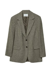 Marynarka w wzór houndstooth, wykonana z szarej mieszanki wełny, z klapami, dwoma guzikami i przednimi kieszeniami. Teksturowany materiał z gładką podszewką.