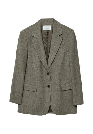 Grau karierter Blazer aus einer Wollmischung mit Reverskragen, zwei Knöpfen und Taschen vorne. Strukturierter Stoff mit glattem Futter.