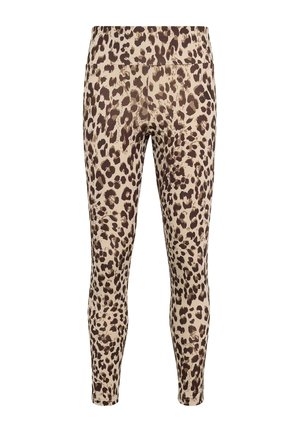 Leggings ajustados beige y marrones con estampado de leopardo, tiro alto y largo hasta el tobillo, diseñados para uso activo o casual.