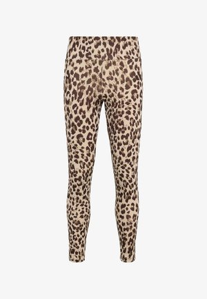 Leggings ajustados beige y marrones con estampado de leopardo, tiro alto y largo hasta el tobillo, diseñados para uso activo o casual.