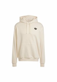Light beige hoodie made of soft fabric, featuring a front pocket, drawstring hood, and a small black logo on the chest.