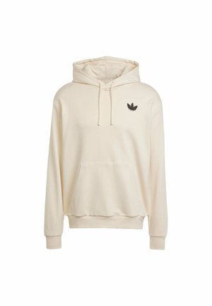 Ljusbeige hoodie i mjukt material, med en framficka, snörning i huvan och en liten svart logotyp på bröstet.