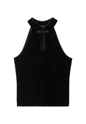 Top nero senza maniche in velluto, con colletto alto e un nodo decorativo all'escote. Texture liscia e design semplice.
