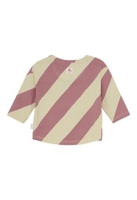 Langarm-T-Shirt für Kleinkinder mit breiten diagonalen Streifen in Mauve und Beige, rundem Ausschnitt und kleinem Logo-Tag am hinteren Kragen.