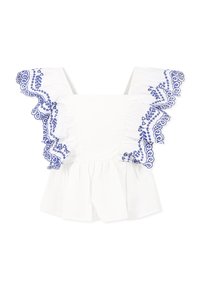 Blusa bianca con ruches ricamate blu, scollatura quadrata, maniche corte a volantino e orlo svasato. Materiale in cotone leggero.