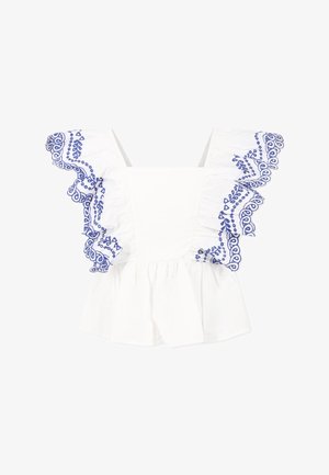 Blusa bianca con ruches ricamate blu, scollatura quadrata, maniche corte a volantino e orlo svasato. Materiale in cotone leggero.