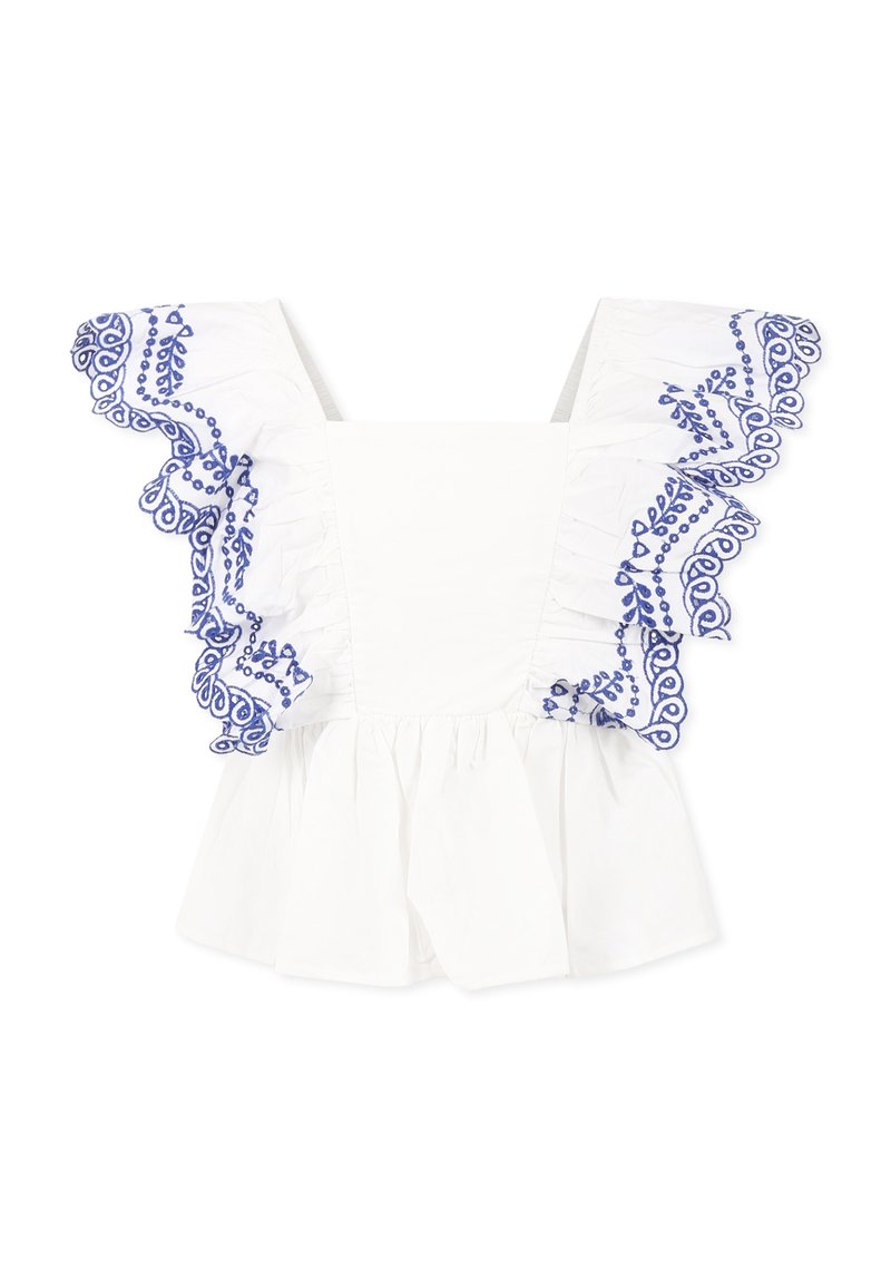 Blusa bianca con ruches ricamate blu, scollatura quadrata, maniche corte a volantino e orlo svasato. Materiale in cotone leggero.