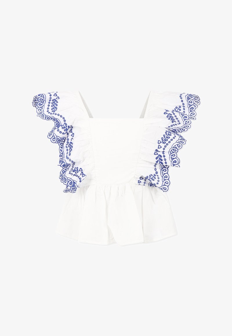 Blusa bianca con ruches ricamate blu, scollatura quadrata, maniche corte a volantino e orlo svasato. Materiale in cotone leggero.