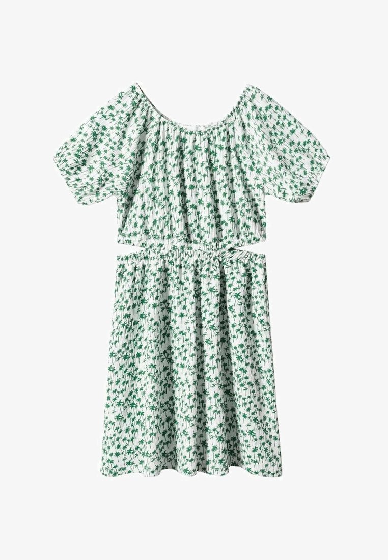 Robe d'été blanche avec imprimé palmier vert, manches courtes bouffantes, taille élastique et encolure ronde.