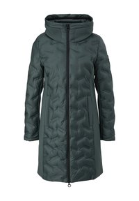 Puffy groene winterjas met een hoge kraag, een ritssluiting aan de voorkant en zijzakken; heeft een gestructureerd, gewatteerd ontwerp en een verstelbare capuchon.