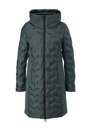 Manteau d'hiver rembourré vert avec un col montant, fermeture éclair frontale et poches latérales ; présente un design texturé et matelassé ainsi qu'une capuche réglable.