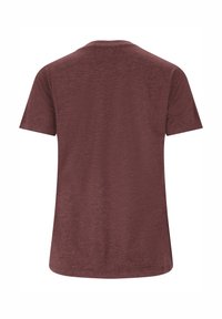 Kurzärmeliges T-Shirt in dunkelmaroon, aus weichem Stoff mit meliertem Textur. Hat einen runden Halsausschnitt und einen schlichten Rücken.