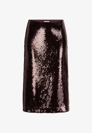 Dunkelrote Pailletten-Bleistiftrock mit einem Farbverlauf von tiefem Burgunderrot zu Roségold, der über eine elegante, glatte Textur und ein knielanges Design verfügt.