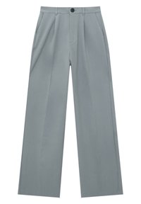 Pantalon droit gris clair avec poches latérales, passants pour ceinture, bouton à l’avant et fermeture éclair dissimulée.