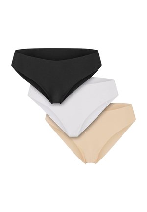 Three pairs of women's underwear: black, white, and nude. Each has a smooth texture, low-rise design, and seamless edges for comfort.