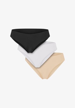 Tři páry dámského spodního prádla: černé, bílé a tělové. Každé má hladkou texturu, nízký střih a bezešvé okraje pro pohodlí.