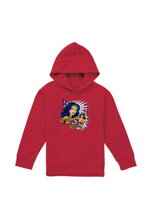 Red children’s hoodie with Wonder Woman graphic and yellow logo on front, featuring comic-style character and stars background.