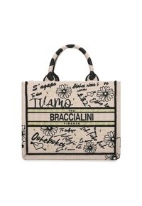 Borsa tote beige con design floreali e a forma di cuore neri e dorati, testo scritto a mano e logo "BRACCIALINI FIRENZE" al centro davanti.