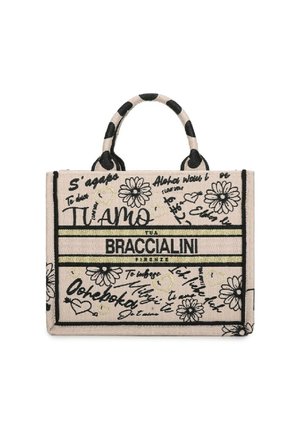 Borsa tote beige con design floreali e a forma di cuore neri e dorati, testo scritto a mano e logo "BRACCIALINI FIRENZE" al centro davanti.