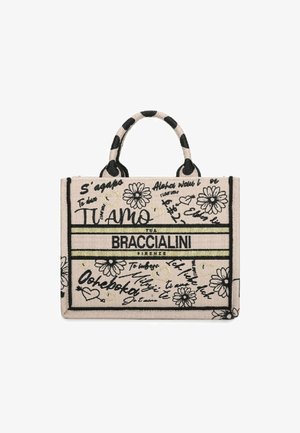 Borsa tote beige con design floreali e a forma di cuore neri e dorati, testo scritto a mano e logo "BRACCIALINI FIRENZE" al centro davanti.