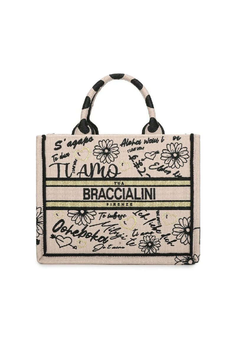 Borsa tote beige con design floreali e a forma di cuore neri e dorati, testo scritto a mano e logo "BRACCIALINI FIRENZE" al centro davanti.