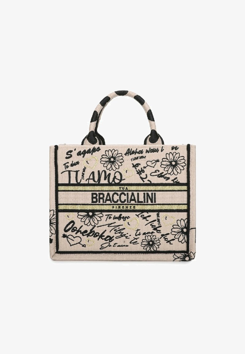 Borsa tote beige con design floreali e a forma di cuore neri e dorati, testo scritto a mano e logo "BRACCIALINI FIRENZE" al centro davanti.
