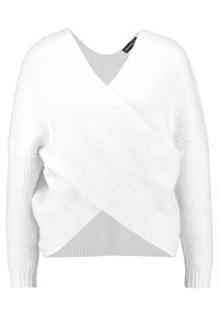Weißer Pullover mit strukturiertem, geripptem Finish, ausgestattet mit einem tiefen V-Ausschnitt und einem Wickeldesign. Lange Ärmel und eine lockere, bequeme Passform.