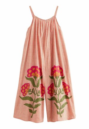 Ärmelloser, rosa gestreifter Jumpsuit mit weitem Bein, der an den unteren Beinen große rote und gelbe Blumenmuster mit grünen Blättern zeigt.