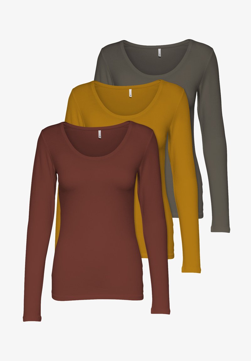 Three long-sleeve shirts in brown, mustard yellow, and dark green. They have scoop necklines and soft, stretchy fabric.