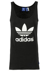 Černý tílko vyrobené z bavlny s kulatým výstřihem. Na přední straně se nachází velké bílé logo Adidas trefoil a text "adidas".