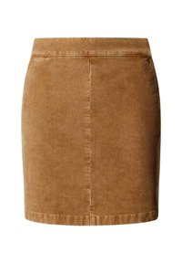 Gonna mini in corduroy marrone con righe verticali, a taglio dritto e vita. Presenta un orlo pulito e un delicato dettaglio di cucitura.