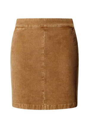 Jupe mini en velours côtelé marron avec des côtes verticales, une coupe droite et une taille. Présente un ourlet net et des détails de couture subtils.