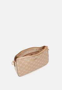 Beige patterned handbag with a gold zipper, featuring a smooth texture and an interior lining. Brand logo embossed on the front.