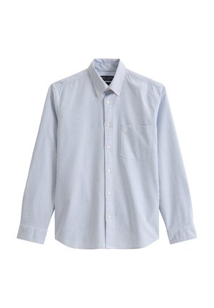 Light blue and white striped long-sleeve shirt with a button-down collar and a chest pocket, made from woven cotton fabric.