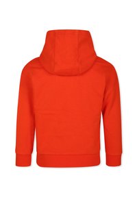 Felpa rossa con tasca a marsupio, polsini e orlo a costine. Tessuto morbido in misto cotone. Caratterizzata da un grande cappuccio tondo. Vista da dietro.