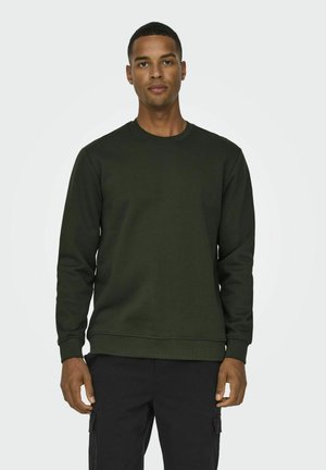 Donkergroene sweatshirt van zachte stof, met een ronde halslijn en geribbelde mouwen. Eenvoudig ontwerp zonder zichtbare patronen of accenten.