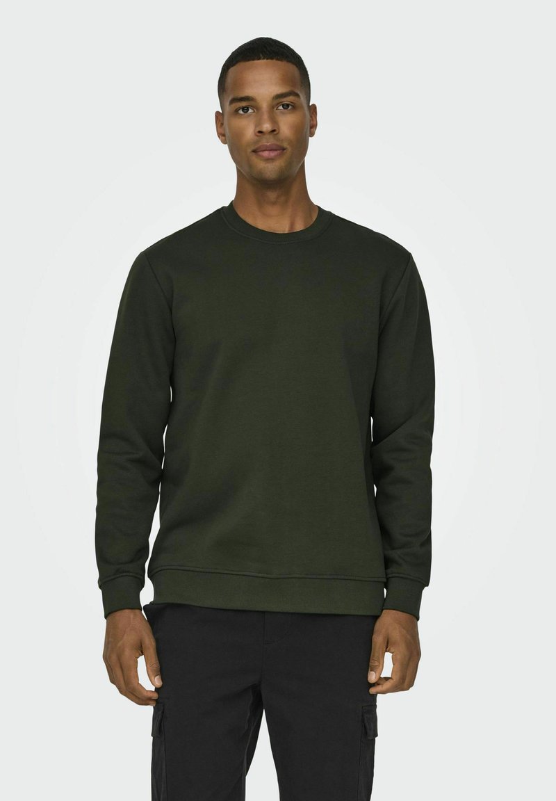 Dark green sweatshirt made of soft fabric, featuring a crew neckline and ribbed cuffs. Simple design with no visible patterns or accents.