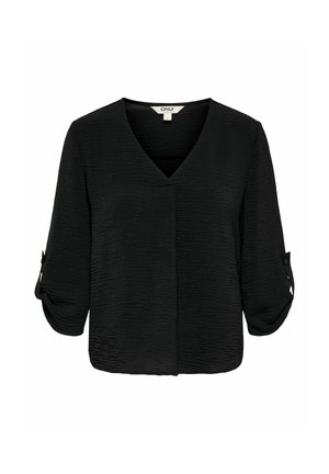 Blouse noire texturée avec col en V et manches trois-quarts munies de pattes boutonnées pour les retrousser.