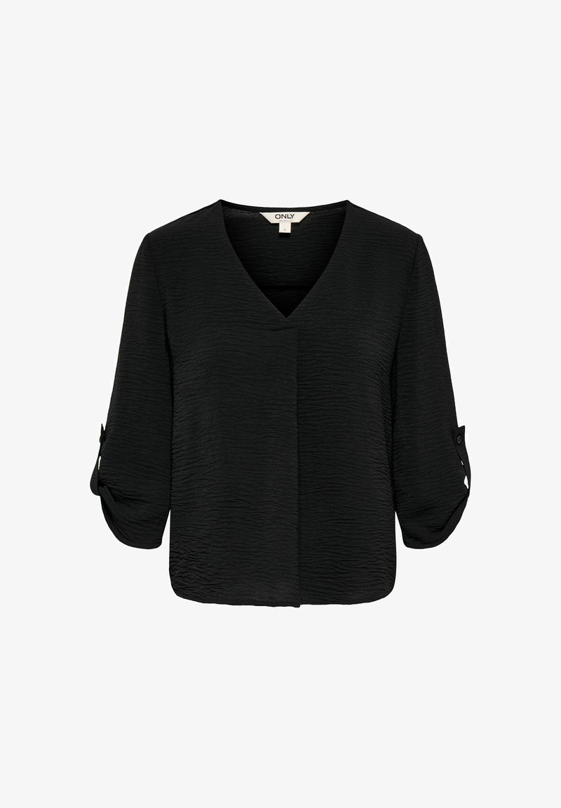 Blouse noire texturée avec col en V et manches trois-quarts munies de pattes boutonnées pour les retrousser.