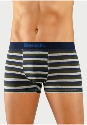 Striped boxer briefs in dark green, navy, and gray. Elastic waistband with "Bench." logo in blue. Soft cotton material, fitted design.