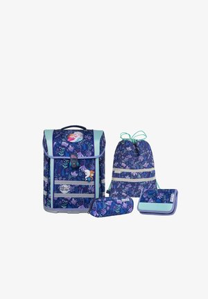 Rugzakset in marineblauw met bloemenpatronen, omvat een stevige rugzak, een trekkoordtas, een etui en een organizerzak, met mintgroene accenten.