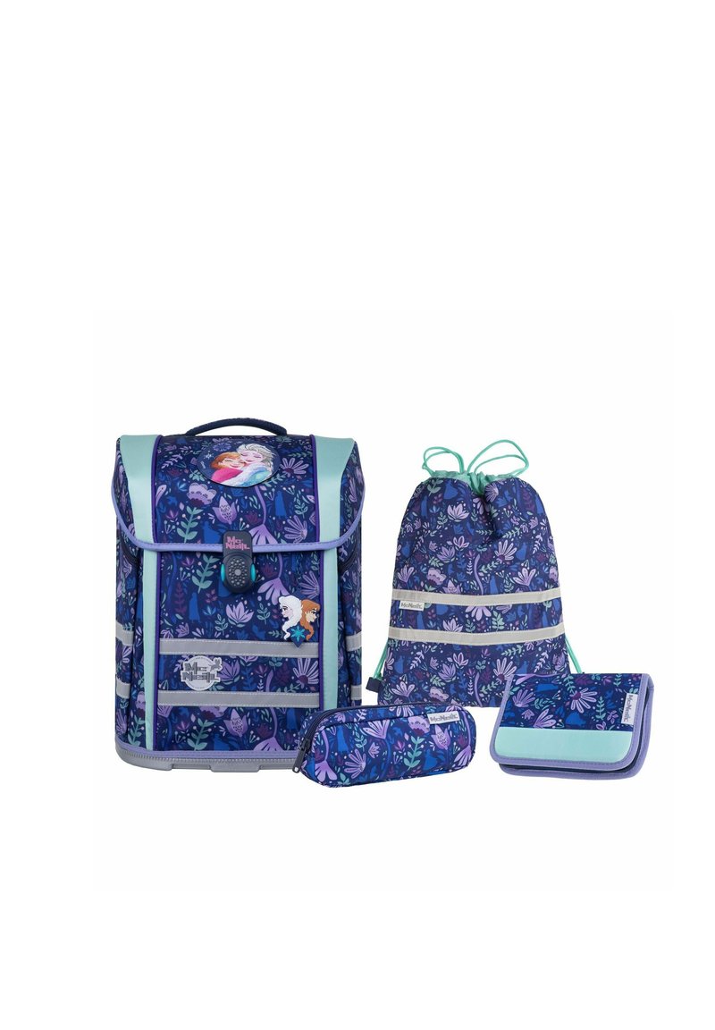 Set di zaini in blu navy con motivi floreali, comprende uno zaino strutturato, una borsa a sacchetto, un astuccio e una pochette organizer, con dettagli in verde menta.