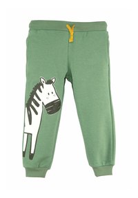 Grønne børnesweatpants med ribbet afslutning, gul snor og et stort sort-hvidt tegneserie-zebra print på venstre ben.