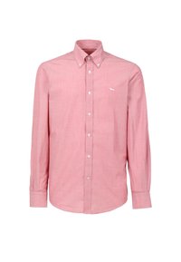 Camicia button-up in tessuto rosa chiaro con una sottile trama; presenta un colletto classico e un piccolo logo bianco sul petto.