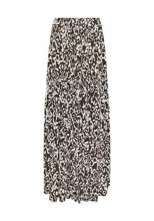 Maksihame kerroksittaisella mallilla, tummanruskea ja valkoinen abstrakti eläinkuvio, joustavalla vyötärönauhalla ja kiristysnauhalla.