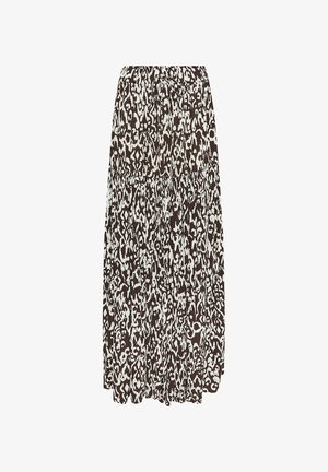 Maksihame kerroksittaisella mallilla, tummanruskea ja valkoinen abstrakti eläinkuvio, joustavalla vyötärönauhalla ja kiristysnauhalla.