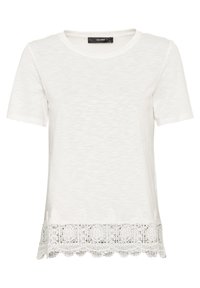 Camiseta de manga corta blanca con escote redondo y un borde decorativo de encaje en la parte inferior, confeccionada en tejido ligero con un acabado texturizado.