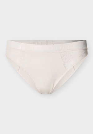 White women's bikini briefs with subtle lace details on sides and an elastic waistband embossed with brand name.