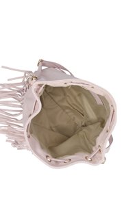 Borsa a tracolla in suede rosa chiaro con frange, dettagli in metallo dorato e spazioso interno in tessuto beige. Design con apertura superiore e chiusura a coulisse.